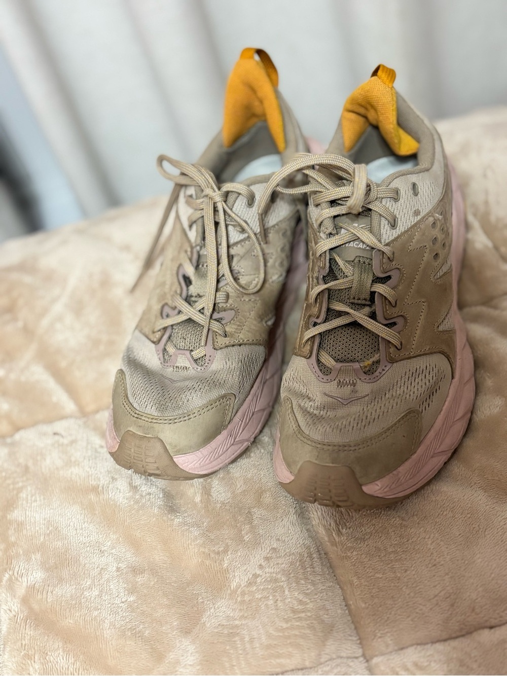 Hoka Women's Beige Sneakers with Pink Sole and Yellow Heel Tab - Picture 2 of 3
